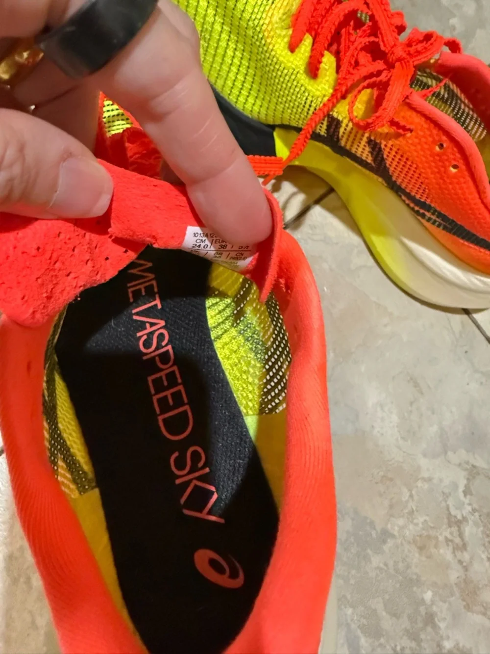 ASICS Meta Speed Sky Yellow and Red Speed Running Shoes - Picture 3 of 6